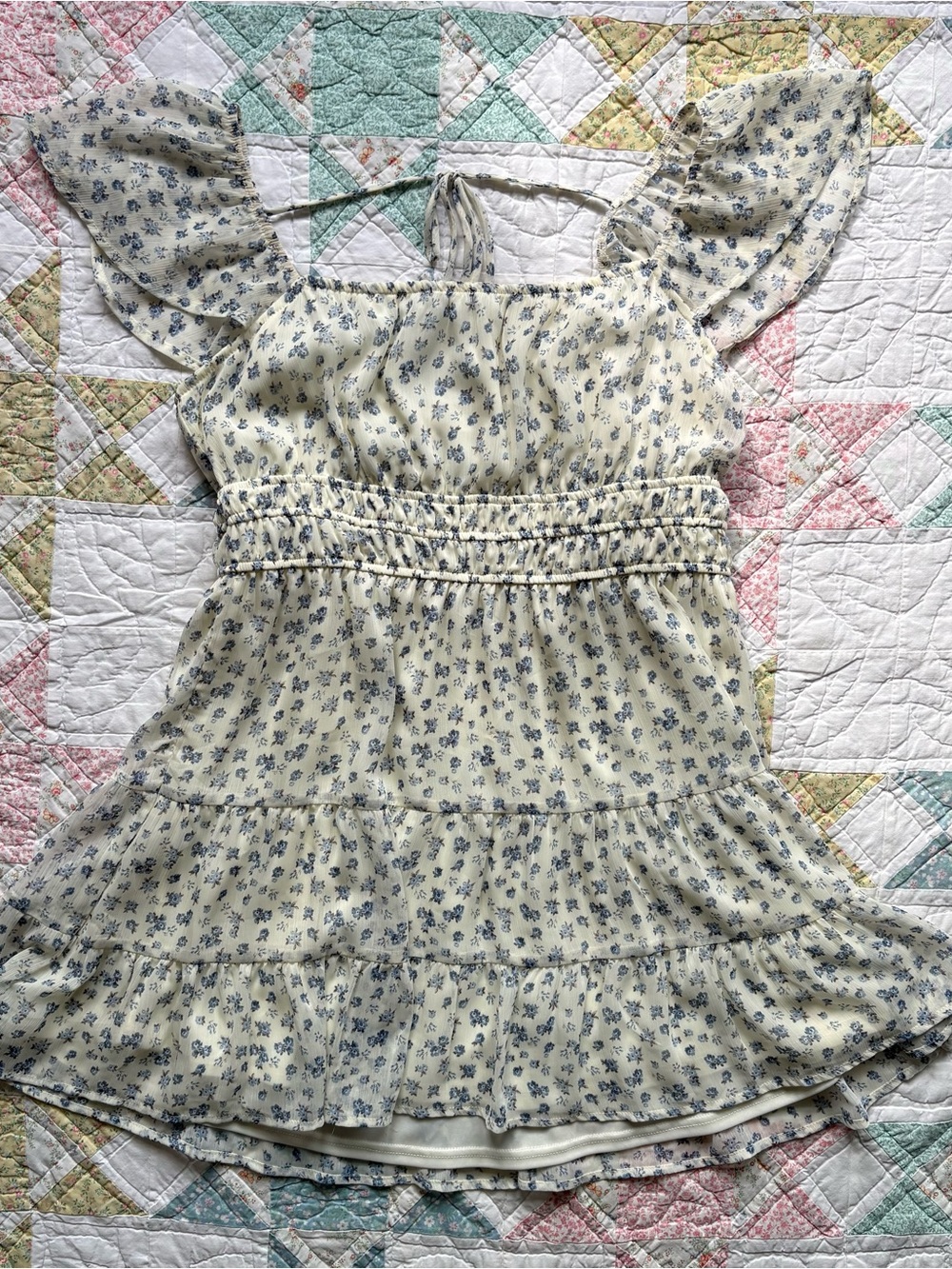 Altar'd State Ditsy Floral Smocked Tiered Mini Dress XL Blue Cream Cottagecore